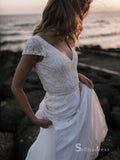 A-line V neck Short Sleeve Beach Wedding Dress White Sequins Bridal Gowns # SDL004