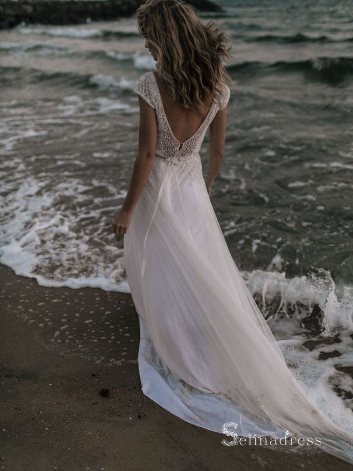 princess polly baby blue dress Short Sleeve A-Line Chiffon Summer Wedding Dresses Split Lace Applique Beach  Bridal Gowns BA3033 main image 1