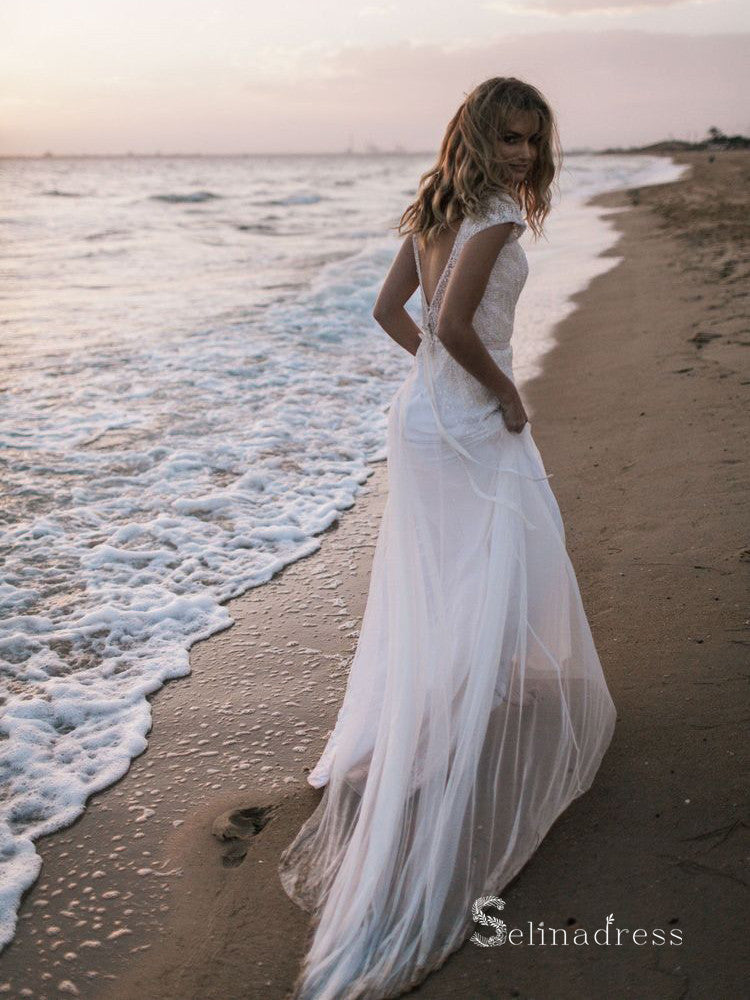 A-line V neck Short Sleeve Beach Wedding Dress White Sequins Bridal Gowns # SDL004 A-line V neck Short Sleeve Beach Wedding Dress White Sequins Bridal Gowns # SDL004