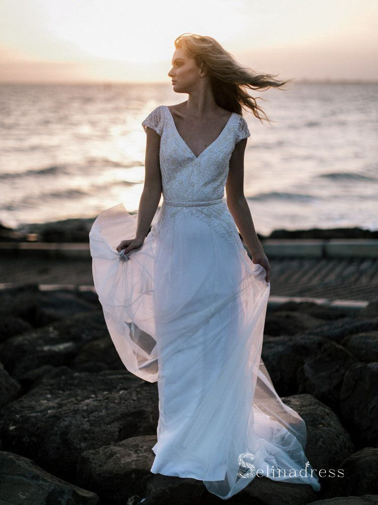 A-line V neck Short Sleeve Beach Wedding Dress White Sequins Bridal Go SELINADRESS A-line V neck Short Sleeve Beach Wedding Dress White Sequins Bridal Go SELINADRESS