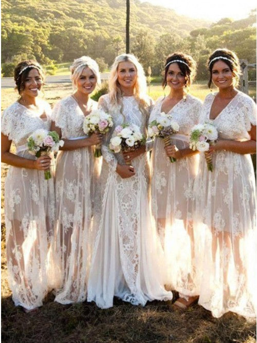 A-line V neck Short Sleeve Lace Bridesmaid Dress Cheap Bridesmaid Dres – SELINADRESS