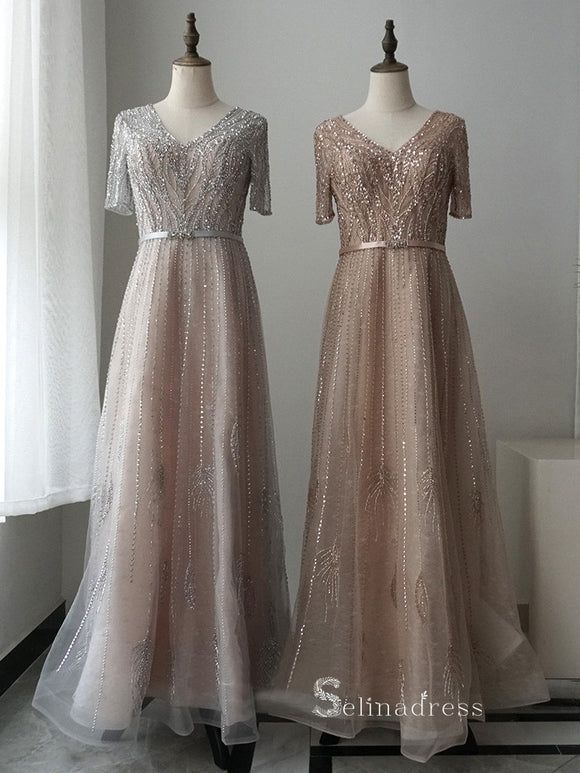 A-line V neck Short Sleeve Rhinestone Silver Sparkly Long Prom Dresses Evening Dresses ASB023|Selinadress