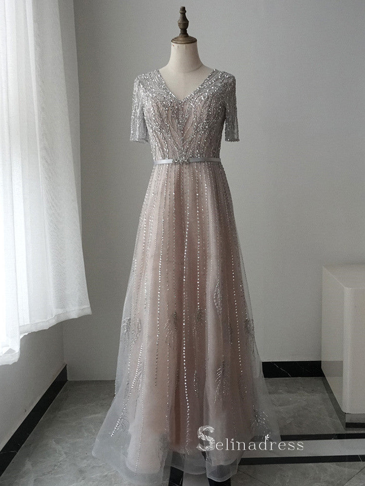 A-line V neck Short Sleeve Rhinestone Silver Sparkly Long Prom Dresses – SELINADRESS