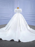 A-line V neck Short Sleeve White Satin Wedding Dresses MHL2861|Selinadress