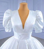 A-line V neck Short Sleeve White Satin Wedding Dresses MHL2861|Selinadress