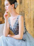 A-line V neck Silver Beaded Long Prom Dress Cheap Formal Dress #SED165