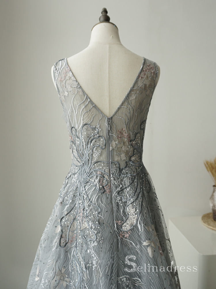 A-line V neck Sleeveless Gray Luxury Embroidery Long Prom Dress Elegan SELINADRESS A-line V neck Sleeveless Gray Luxury Embroidery Long Prom Dress Elegan SELINADRESS
