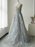 A-line V neck Sleeveless Gray Luxury Embroidery Long Prom Dress Elegant Evening Gowns ASB020|Selinadress