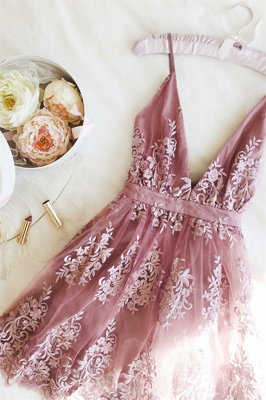 A-line V neck Spaghetti Straps Pink Homecoming Dress Short Prom Dress SELINADRESS A-line V neck Spaghetti Straps Pink Homecoming Dress Short Prom Dress SELINADRESS