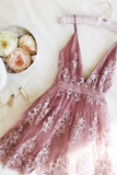 A-line V neck Spaghetti Straps Pink Homecoming Dress Short Prom Dress RYU053|Selinadress