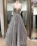 A-line V neck Sparkly Long Prom Dresses Open Back Charming  Prom Dress #SED185 | Selinadress