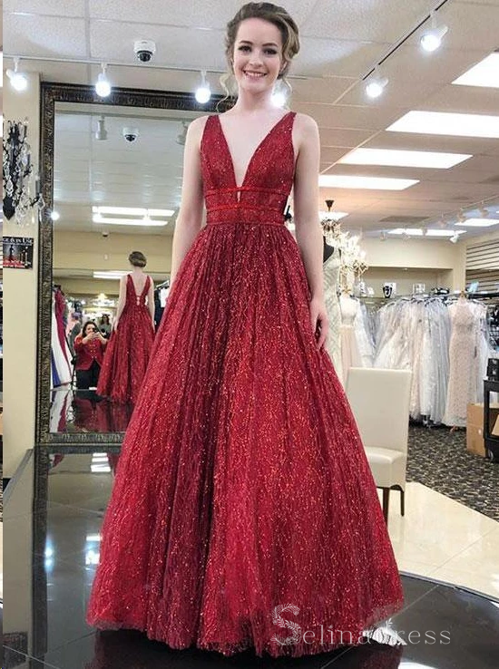 A-line V neck Sparkly Long Prom Dresses Open Back Charming  Prom Dress #SED185 | Selinadress