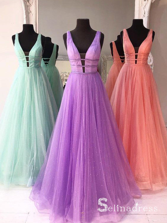 A-line V neck Sparkly Prom Dresses Long Elegant Formal Dress Evening Gowns SED021