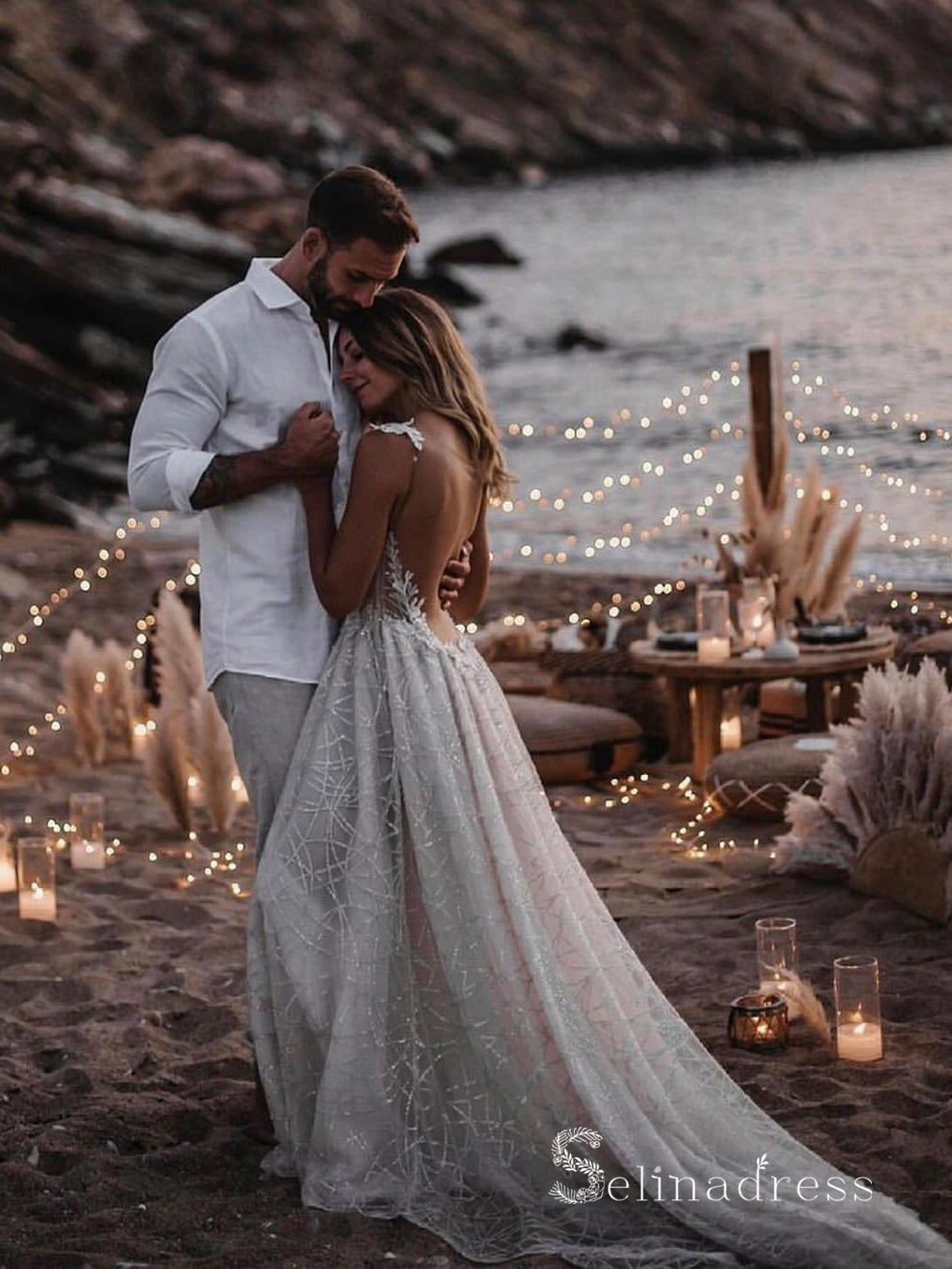 A-line V neck Sparkly Rustic Wedding Dresses Applique Open Back Bridal – SELINADRESS