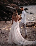 A-line V neck Sparkly Rustic Wedding Dresses Applique Open Back Bridal Gowns MHL2833|Selinadress