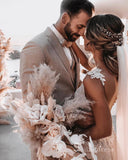 A-line V neck Sparkly Rustic Wedding Dresses Applique Open Back Bridal Gowns MHL2833|Selinadress