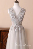 A-line V-Neck Tulle Gray Long Evening Dress Lace Formal Vintage Prom Dress SED089