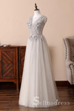 A-line V-Neck Tulle Gray Long Evening Dress Lace Formal Vintage Prom Dress SED089