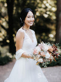 A-line V neck White Lace Wedding Dresses Rustic Bridal Gowns CBD358|Selinadress