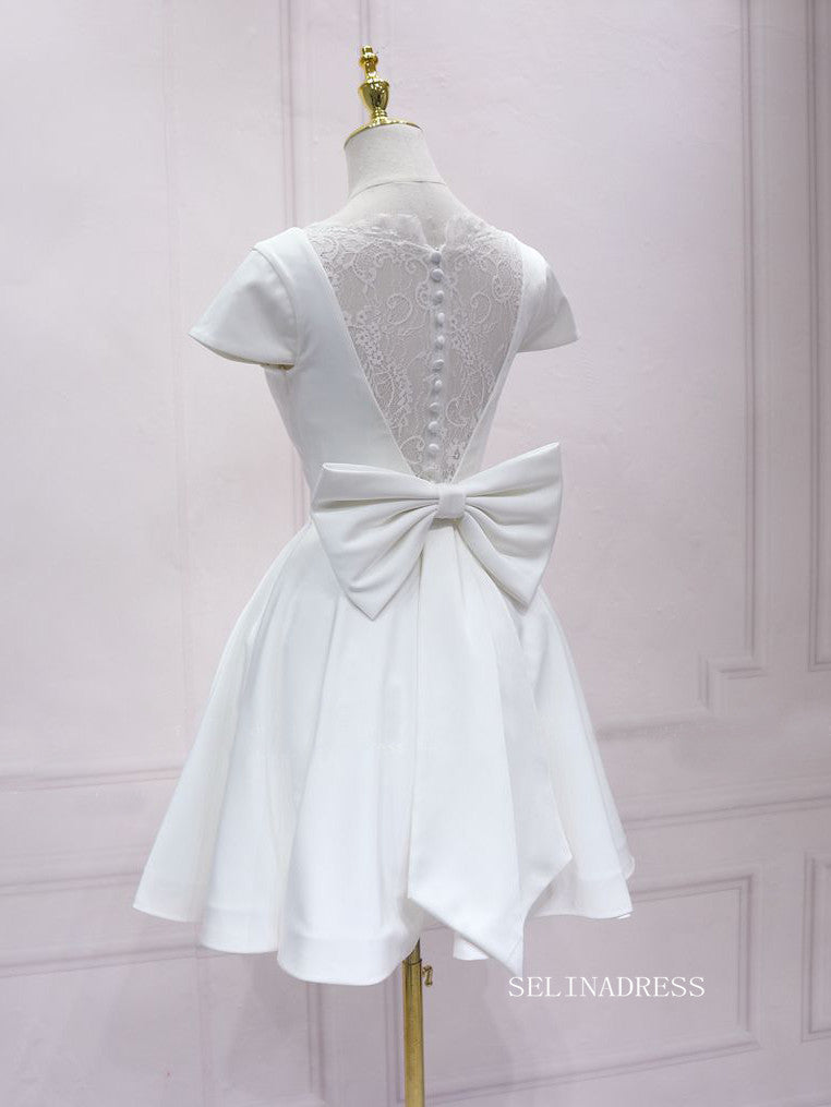 A-line V neck White Short Sleeve Homecoming Dress Lace Bow Short Prom SELINADRESS A-line V neck White Short Sleeve Homecoming Dress Lace Bow Short Prom SELINADRESS