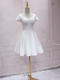 A-line V neck White Short Sleeve Homecoming Dress Lace Bow Short Prom Dresses EDS036|Selinadress
