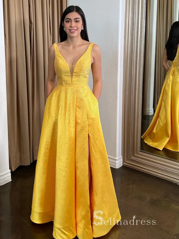 A-line V neck Yellow Long Prom Dress Cheap Satin Evening Gowns POL007|Selinadress