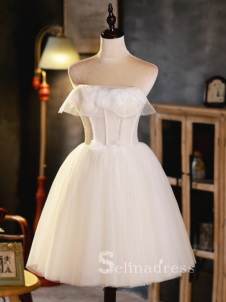 A-line White Strapless Cute Short Homecoming Dress Summer Outfits THL0 SELINADRESS A-line White Strapless Cute Short Homecoming Dress Summer Outfits THL0 SELINADRESS