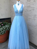 A-line V neck Prom Gowns With Beading Modest Evening Dresses SED333