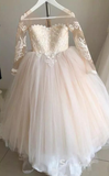 Ball Gown Long Sleeve Applique See Through Flower Girl Dresses With Bowknot GRS028|Selinadress