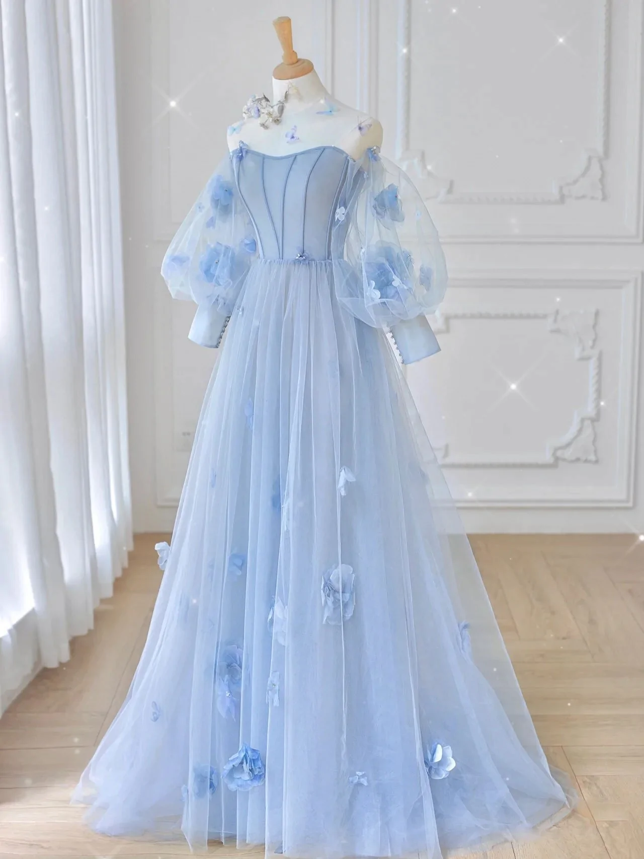 Cute Long Sleeves Blue Tulle Lace Short Prom Dress, Long Sleeves Blue –  morievent