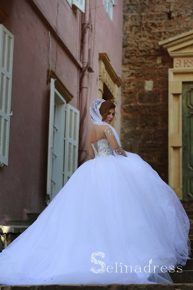 Ball Gown Long Sleeve Wedding Dress White Rhinestone Beautiful Tulle Wedding Dress SEW015 SELINADRESS Ball Gown Long Sleeve Wedding Dress White Rhinestone Beautiful Tulle Wedding Dress SEW015 SELINADRESS