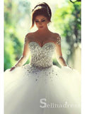 Ball Gown Long Sleeve Wedding Dress White Rhinestone Beautiful Tulle Wedding Dress SEW015