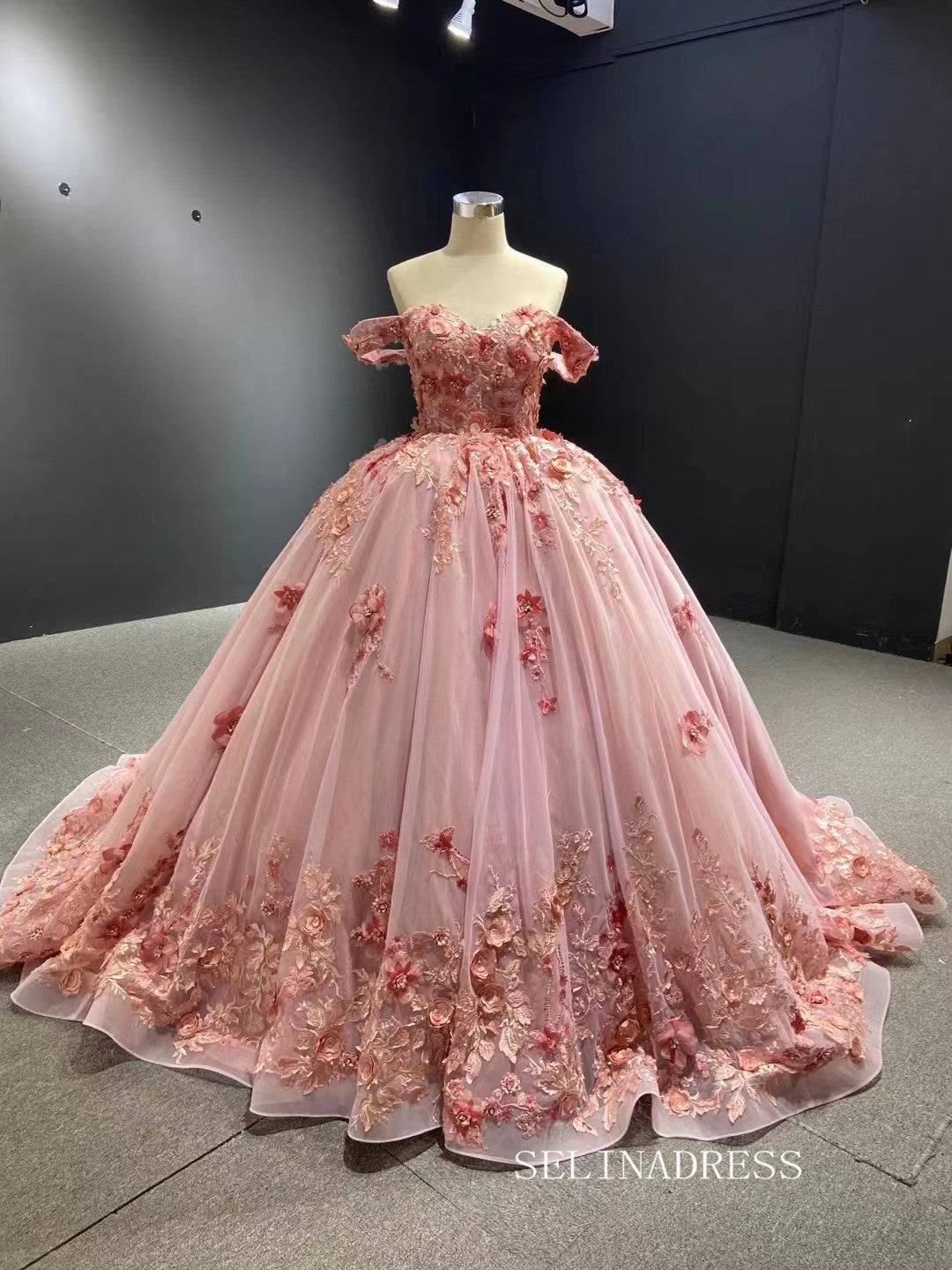 Ball Gown Off-the-shoulder Pink Luxury Prom Dress 3D Floral Quincess E – SELINADRESS