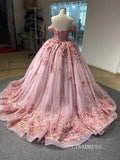Ball Gown Off-the-shoulder Pink Luxury Prom Dress 3D Floral Quincess Evening Gowns RSM67469|Selinadress