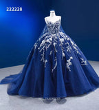 Ball Gown Spaghetti Straps Prom Dress Floral Ball Gown Blue Pageant Dress RSM222228|Selinadress