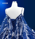 Ball Gown Spaghetti Straps Prom Dress Floral Ball Gown Blue Pageant Dress RSM222228|Selinadress