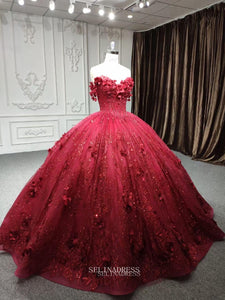 Ball Gown Sparkly Beaded Floral Burgundy Long Formal Dress Quincess Evening Dresses MLH06982