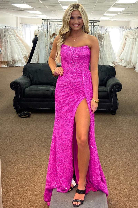 Barbie Powder Strapless Sequins Prom Dress Cheap Evening Dresses With Slit #QWE017|Selinadress