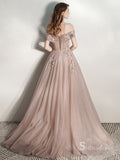 Beautiful A-line Off-the-shoulder Rose Pink Long Prom Dresses Formal Gowns SC013