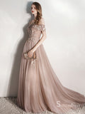 Beautiful A-line Off-the-shoulder Rose Pink Long Prom Dresses Formal Gowns SC013