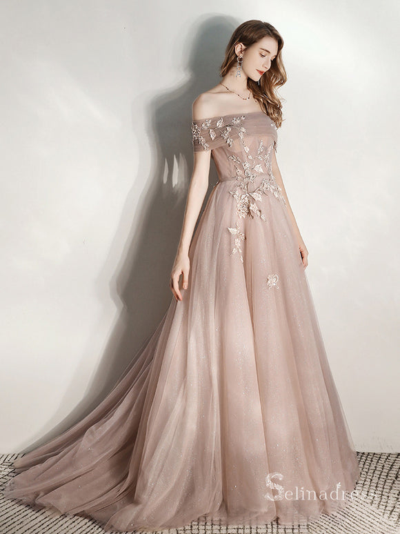 Beautiful Long Tulle Prom Dress Puffy Sleeve Formal Evening Gown – FloraShe