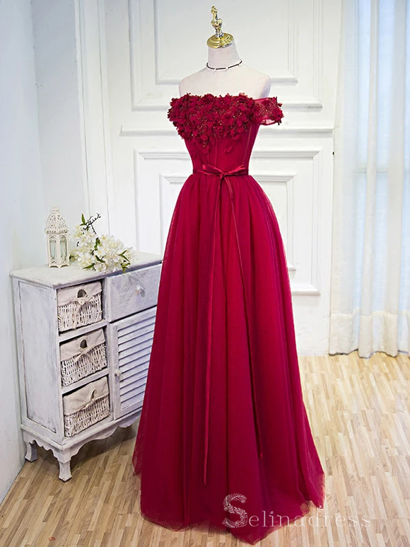 Beautiful Burgundy Long Prom Dresses Hand-Made Flower Prom Dress/Eveni ...