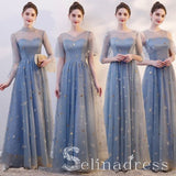 Beautiful Dusty Blue Star Sequins Bridesmaid Dresses A-Line Princess See-through Wedding Party Dresses BRK002|Selinadress
