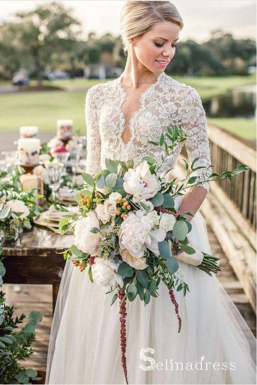 Beautiful Long Sleeve Wedding Dresses V-neck Ivory Lace Romantic Brida –  SELINADRESS