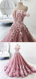 Beautiful Off-the-shoulder Pink Lace Long Prom Dress Gorgeous Floral Evening Gowns SED014
