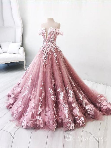 Beautiful Off-the-shoulder Pink Lace Long Prom Dress Gorgeous Floral E –  SELINADRESS