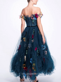Beautiful Wedding A-Line Sweetheart Plus Size Off-Shoulder Dark Blue Tulle Dress 3D Flowered Evening Dress GRSD006