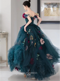 Beautiful Wedding A-Line Sweetheart Plus Size Off-Shoulder Dark Blue Tulle Dress 3D Flowered Evening Dress GRSD006