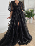 Black A-line V neck Long Prom Dress With Half Sleeve Cheap Evening Gowns POL012|Selinadress