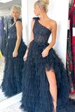 Black Lace One Shoulder Multi-Tiered A-line Ball Gown with Ruffles Prom Dress #QWE008|Selinadress